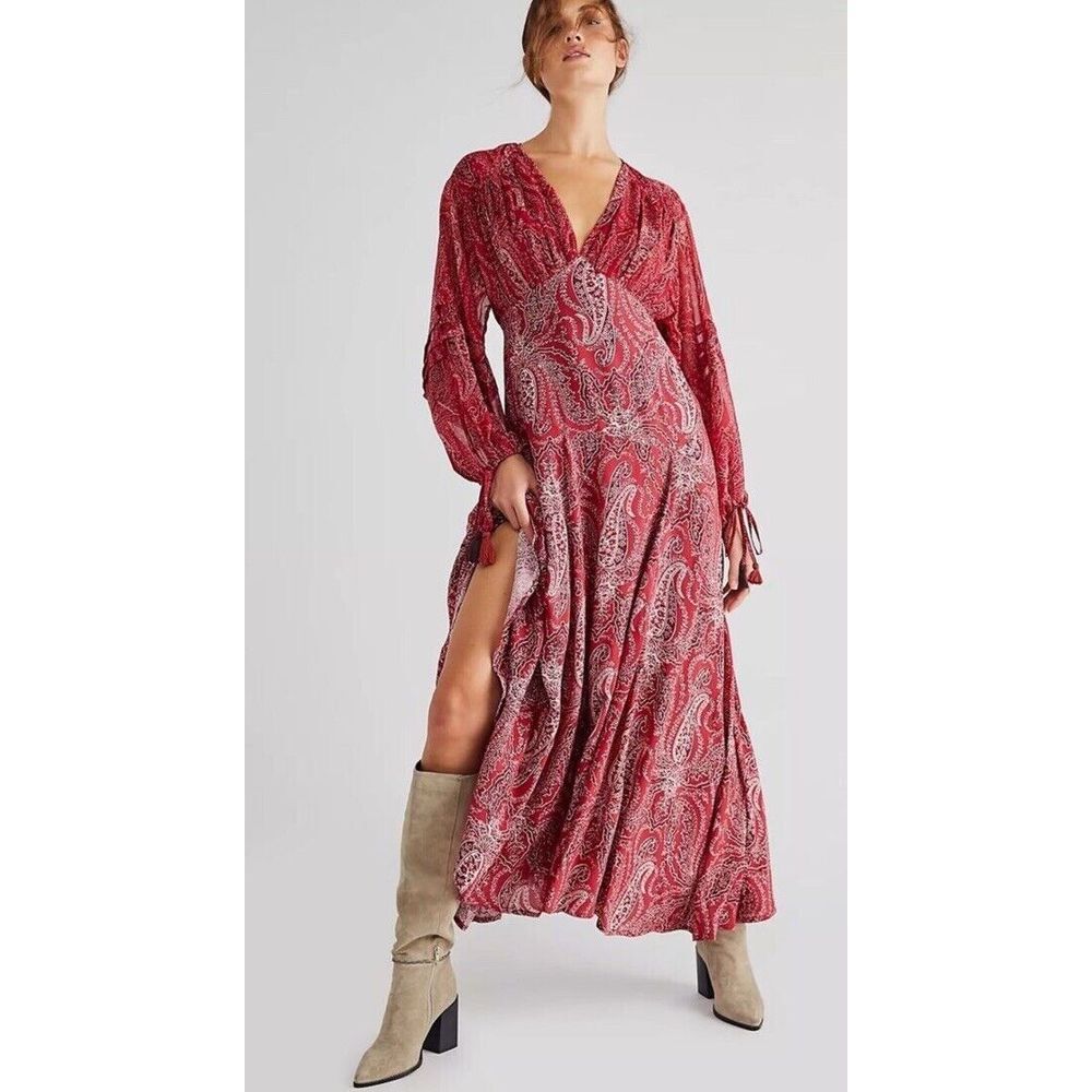 NWT FREE‎ PEOPLE Mirage Paisley Sheer Sleeve Empire Maxi Dress Sz 8 Red $198